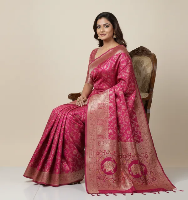 Royal_Rani_Pink_Dola_Silk_Saree_With_Traditional_Elephant_Floral_Border_Default_Title