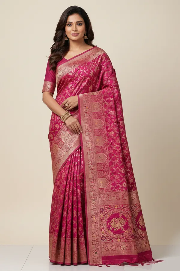 Royal_Rani_Pink_Dola_Silk_Saree_With_Traditional_Elephant_Floral_Border_Default_Title