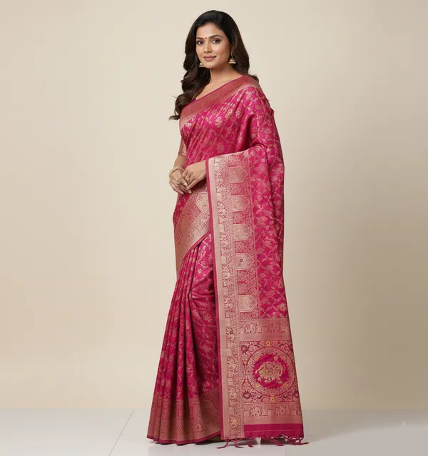 Royal_Rani_Pink_Dola_Silk_Saree_With_Traditional_Elephant_Floral_Border_Default_Title