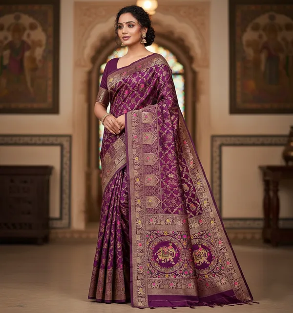 Royal_Plum_Purple_Dola_Silk_Saree_With_Elephant_Floral_Zari_Border_Default_Title
