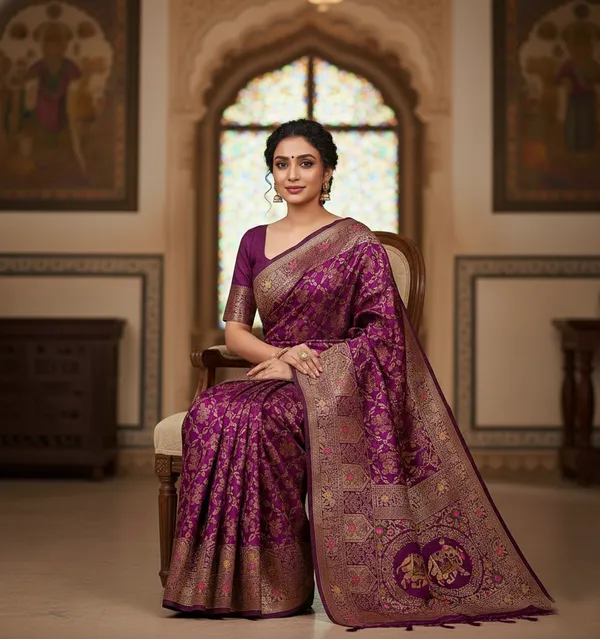 Royal_Plum_Purple_Dola_Silk_Saree_With_Elephant_Floral_Zari_Border_Default_Title