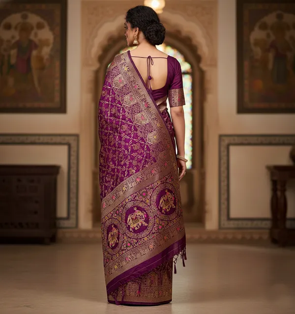 Royal_Plum_Purple_Dola_Silk_Saree_With_Elephant_Floral_Zari_Border_Default_Title