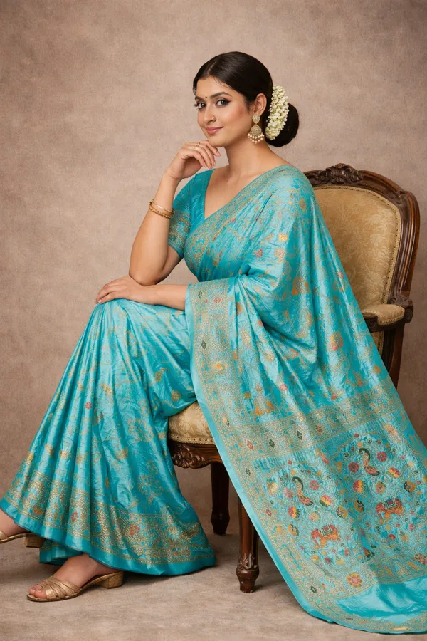 Royal_Turquoise_Blue_Dola_Silk_Saree_With_Peacock_Elephant_Woven_Border_Default_Title