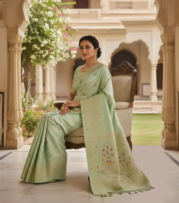 Elegant_Pastel_Pista_Green_Dola_Silk_Saree_With_Peacock_Elephant_Woven_Border_Default_Title