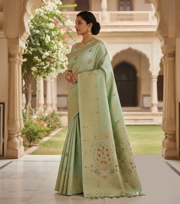 Elegant_Pastel_Pista_Green_Dola_Silk_Saree_With_Peacock_Elephant_Woven_Border_Default_Title