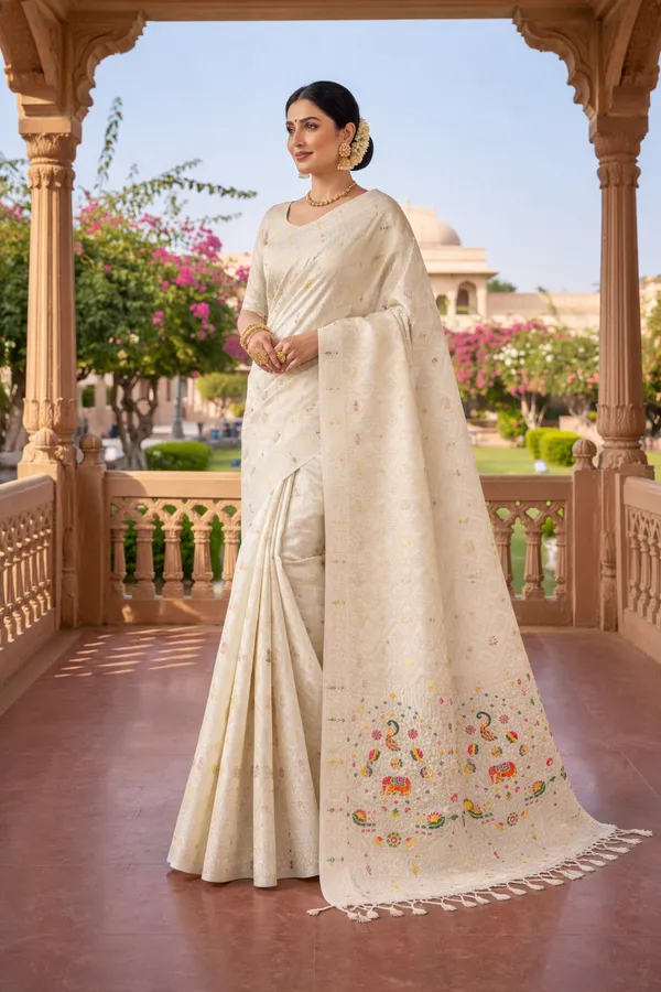 Elegant_Off_White_Dola_Silk_Saree_With_Peacock_Elephant_Woven_Border_Default_Title