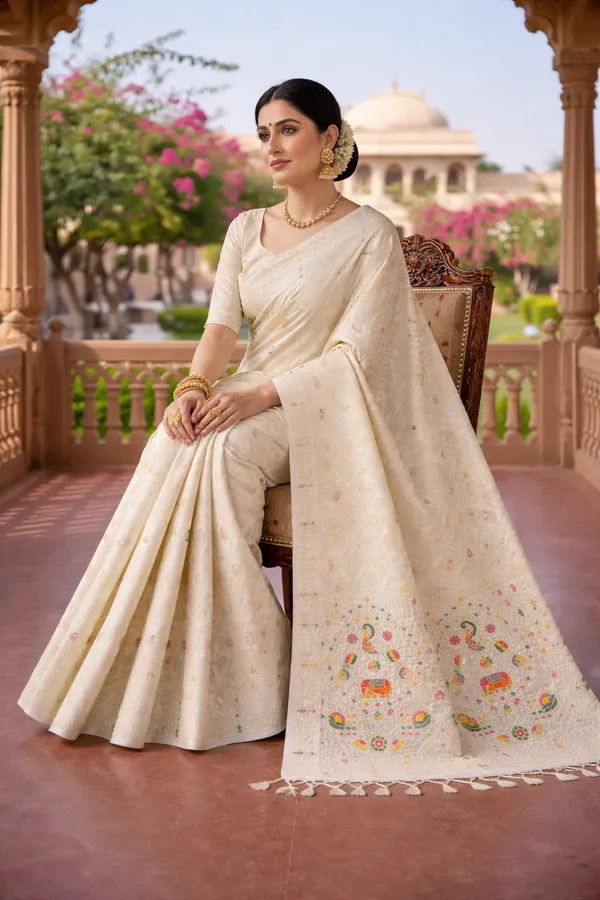 Elegant_Off_White_Dola_Silk_Saree_With_Peacock_Elephant_Woven_Border_Default_Title