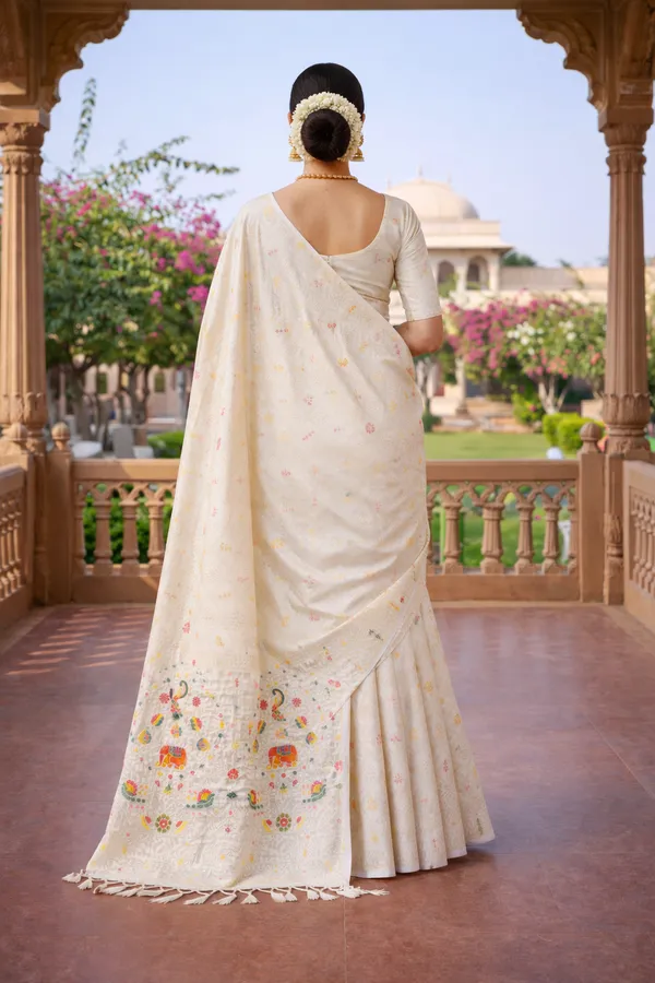 Elegant_Off_White_Dola_Silk_Saree_With_Peacock_Elephant_Woven_Border_Default_Title
