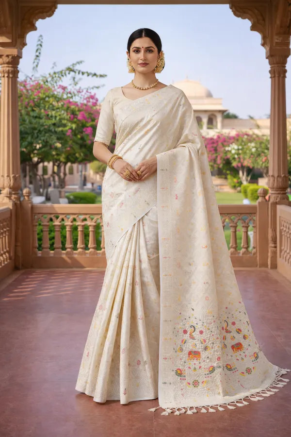 Elegant_Off_White_Dola_Silk_Saree_With_Peacock_Elephant_Woven_Border_Default_Title