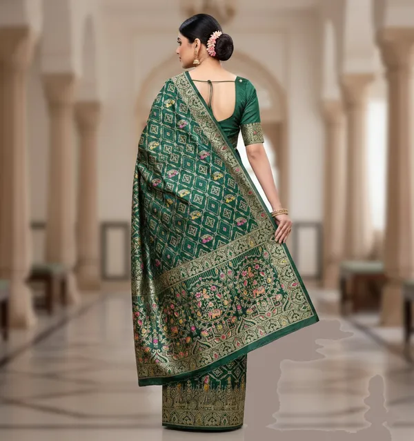 Royal_Bottle_Green_Dola_Silk_Saree_With_Peacock_Elephant_Zari_Border_Default_Title