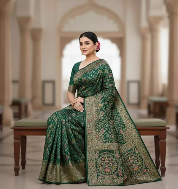 Royal_Bottle_Green_Dola_Silk_Saree_With_Peacock_Elephant_Zari_Border_Default_Title