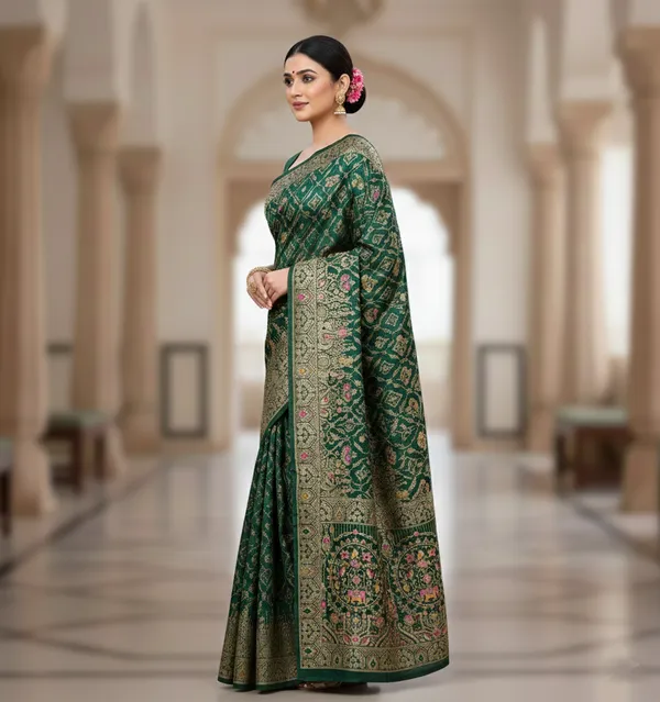 Royal_Bottle_Green_Dola_Silk_Saree_With_Peacock_Elephant_Zari_Border_Default_Title