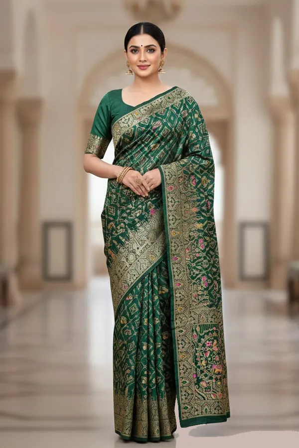 Royal_Bottle_Green_Dola_Silk_Saree_With_Peacock_Elephant_Zari_Border_Default_Title