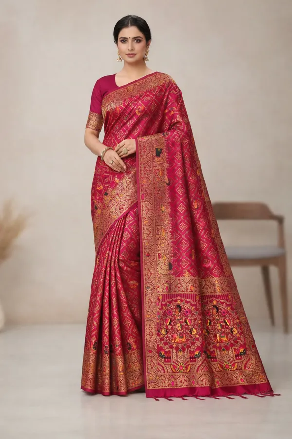 Royal_Rani_Pink_Dola_Silk_Saree_With_Peacock_Elephant_Woven_Border_Default_Title