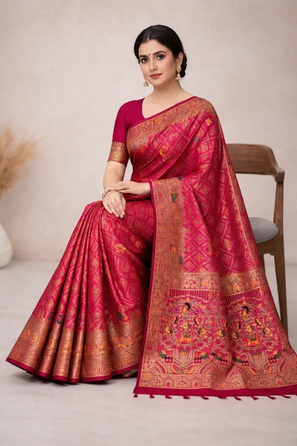 Royal_Rani_Pink_Dola_Silk_Saree_With_Peacock_Elephant_Woven_Border_Default_Title