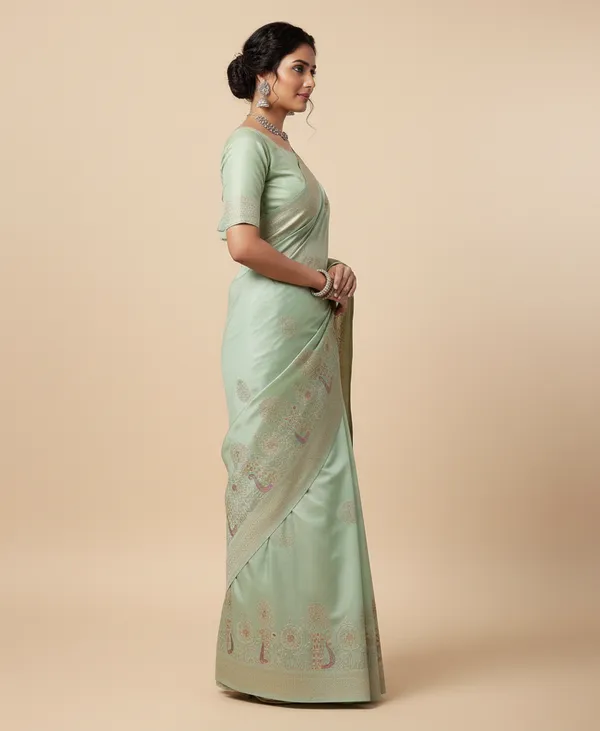 Graceful_Mint_Green_Dola_Silk_Saree_With_Peacock_Garden_Pallu_Zari_Border_Default_Title