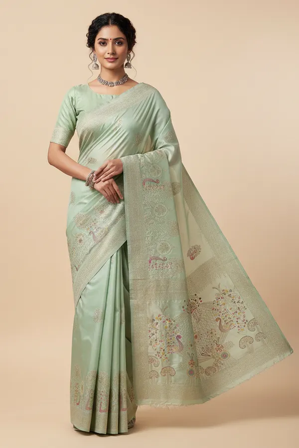 Graceful_Mint_Green_Dola_Silk_Saree_With_Peacock_Garden_Pallu_Zari_Border_Default_Title