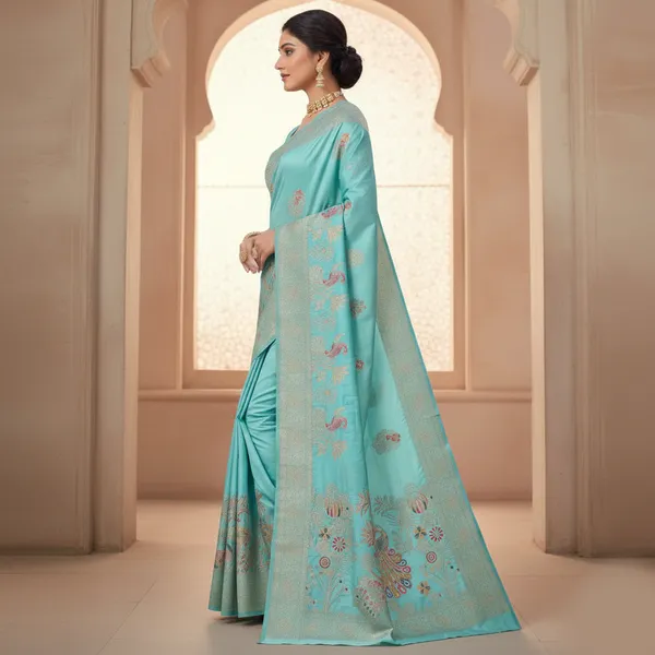 Elegant_Aqua_Blue_Dola_Silk_Saree_With_Peacock_Floral_Zari_Border_Default_Title