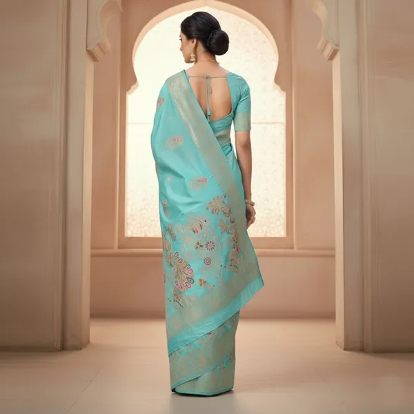 Elegant_Aqua_Blue_Dola_Silk_Saree_With_Peacock_Floral_Zari_Border_Default_Title