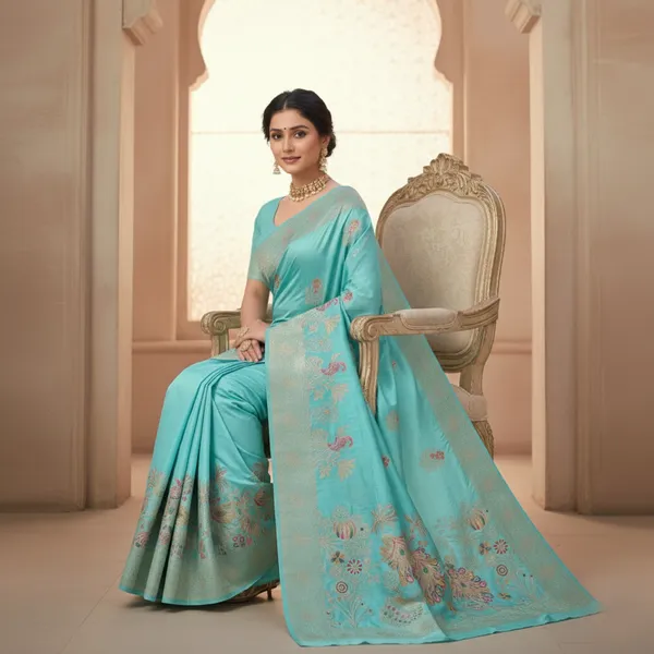 Elegant_Aqua_Blue_Dola_Silk_Saree_With_Peacock_Floral_Zari_Border_Default_Title