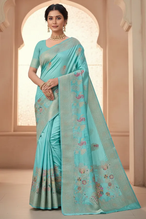 Elegant_Aqua_Blue_Dola_Silk_Saree_With_Peacock_Floral_Zari_Border_Default_Title