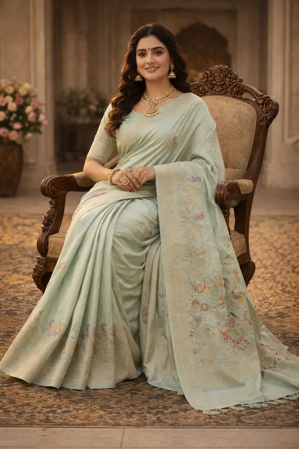 Graceful_Mint_Green_Dola_Silk_Saree_With_Peacock_Floral_Zari_Border_Default_Title