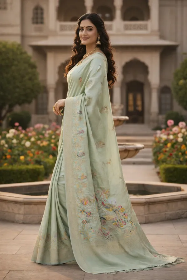 Graceful_Mint_Green_Dola_Silk_Saree_With_Peacock_Floral_Zari_Border_Default_Title