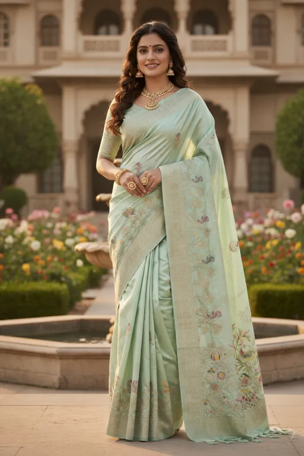 Graceful_Mint_Green_Dola_Silk_Saree_With_Peacock_Floral_Zari_Border_Default_Title