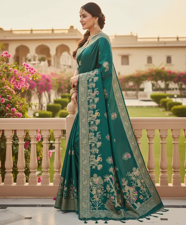 Regal_Emerald_Green_Dola_Silk_Saree_With_Peacock_Floral_Zari_Weaving_Default_Title