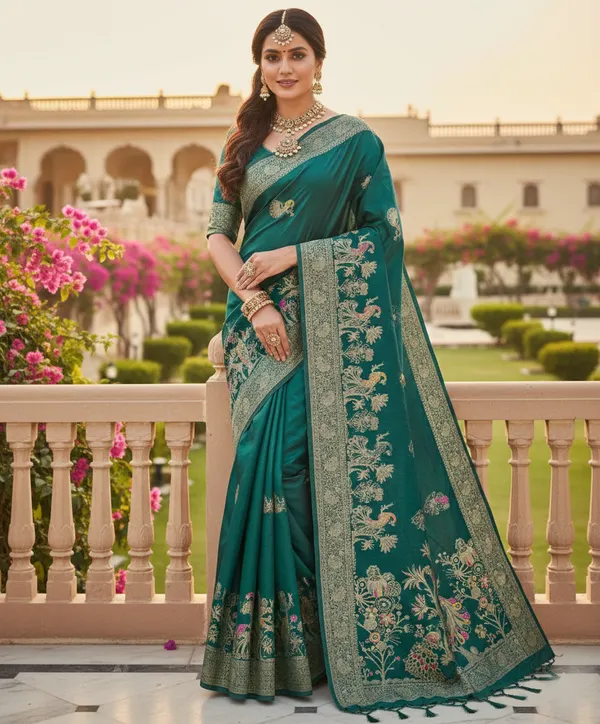 Regal_Emerald_Green_Dola_Silk_Saree_With_Peacock_Floral_Zari_Weaving_Default_Title