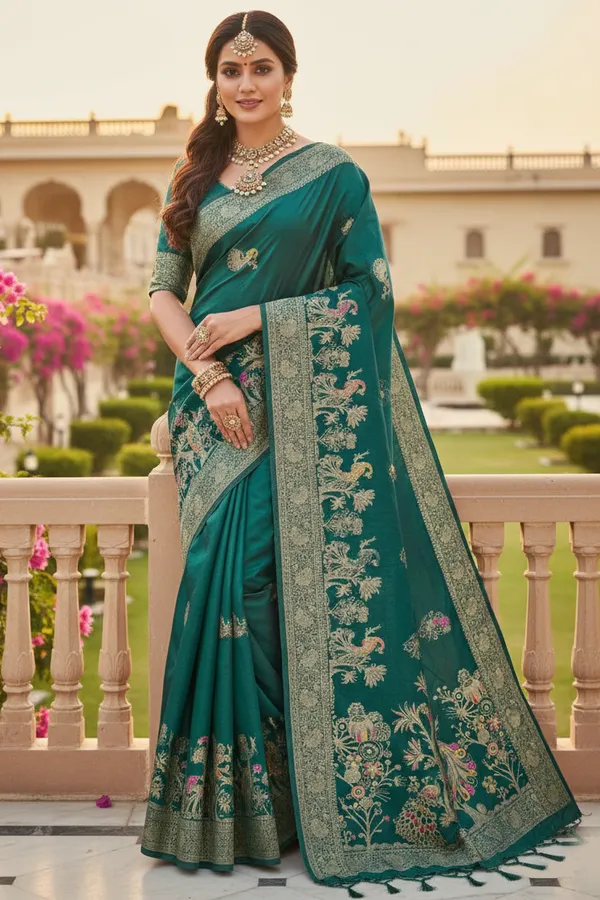 Regal_Emerald_Green_Dola_Silk_Saree_With_Peacock_Floral_Zari_Weaving_Default_Title