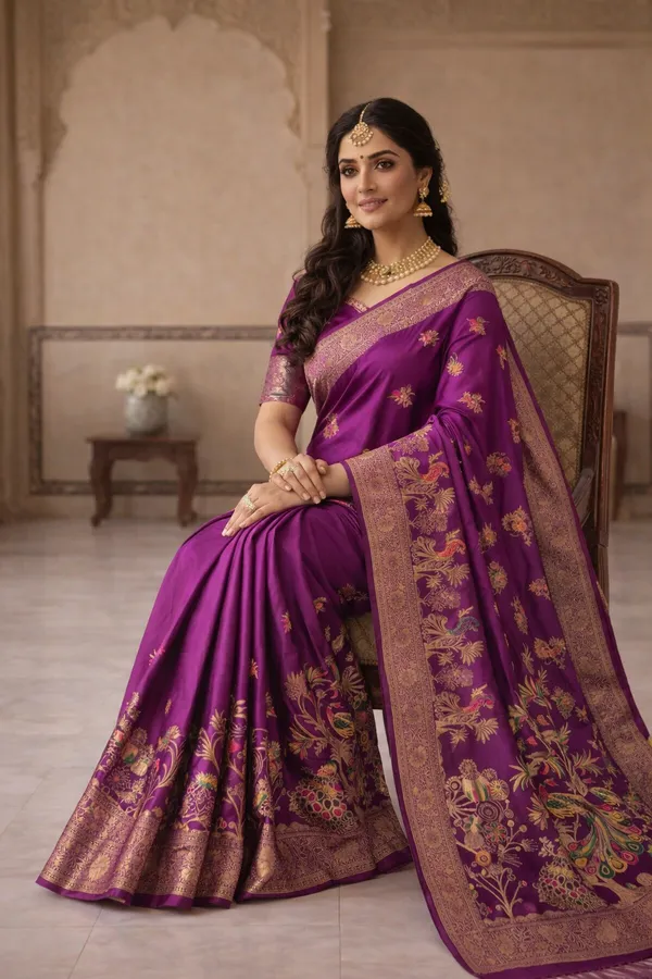 Royal_Magenta_Dola_Silk_Saree_With_Peacock_Floral_Zari_Border_Default_Title