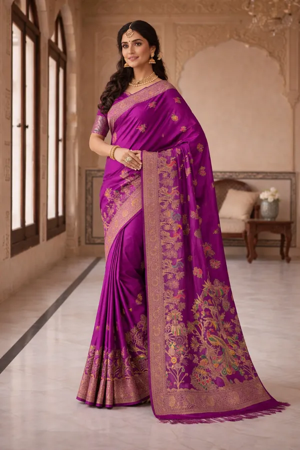 Royal_Magenta_Dola_Silk_Saree_With_Peacock_Floral_Zari_Border_Default_Title
