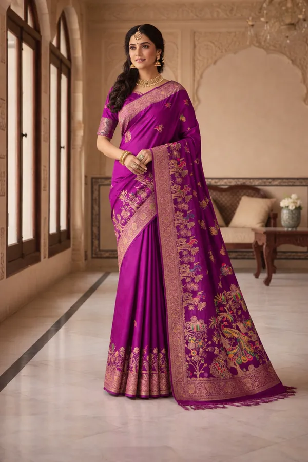 Royal_Magenta_Dola_Silk_Saree_With_Peacock_Floral_Zari_Border_Default_Title