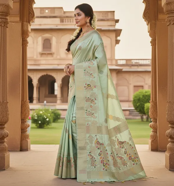 Elegant_Pastel_Mint_Green_Dola_Silk_Saree_With_Peacock_Artistic_Woven_Pallu_Default_Title