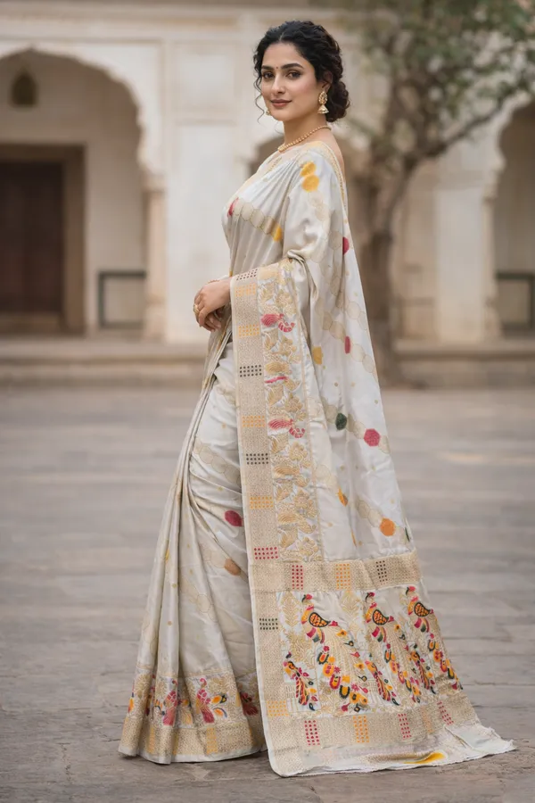Graceful_Pearl_White_Dola_Silk_Saree_With_Peacock_Multicolor_Woven_Border_Default_Title
