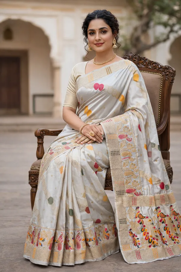 Graceful_Pearl_White_Dola_Silk_Saree_With_Peacock_Multicolor_Woven_Border_Default_Title