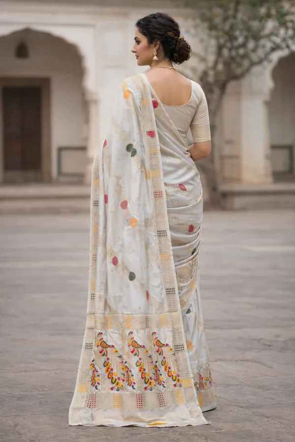 Graceful_Pearl_White_Dola_Silk_Saree_With_Peacock_Multicolor_Woven_Border_Default_Title