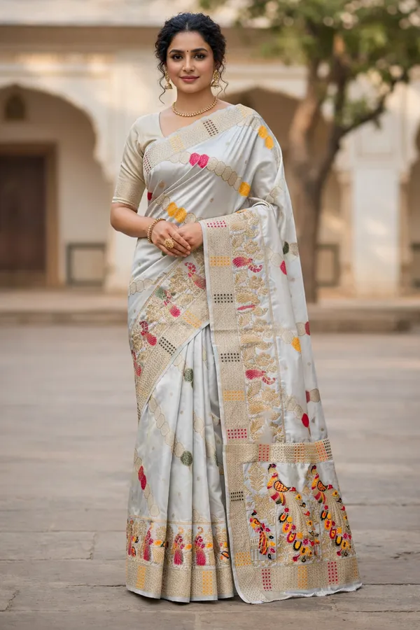 Graceful_Pearl_White_Dola_Silk_Saree_With_Peacock_Multicolor_Woven_Border_Default_Title
