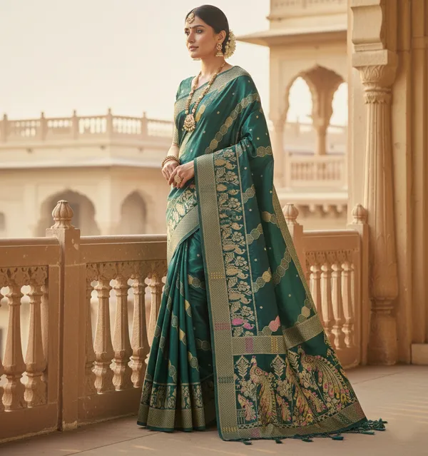 Regal_Emerald_Green_Dola_Silk_Saree_With_Peacock_Traditional_Zari_Border_Default_Title