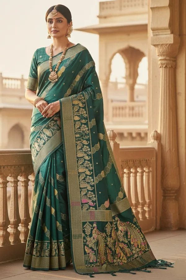Regal_Emerald_Green_Dola_Silk_Saree_With_Peacock_Traditional_Zari_Border_Default_Title