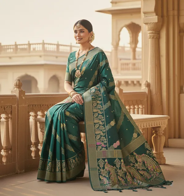 Regal_Emerald_Green_Dola_Silk_Saree_With_Peacock_Traditional_Zari_Border_Default_Title