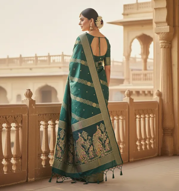Regal_Emerald_Green_Dola_Silk_Saree_With_Peacock_Traditional_Zari_Border_Default_Title