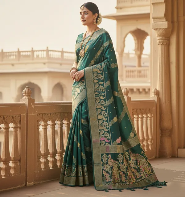 Regal_Emerald_Green_Dola_Silk_Saree_With_Peacock_Traditional_Zari_Border_Default_Title