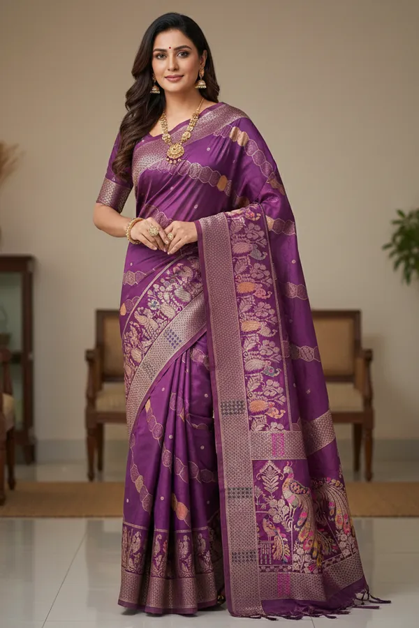 Royal_Wine_Purple_Dola_Silk_Saree_With_Peacock_Traditional_Zari_Border_Default_Title