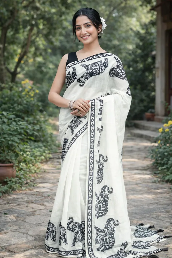 Elegant_White_Linen_Cotton_Saree_With_Black_Gajraj_Print