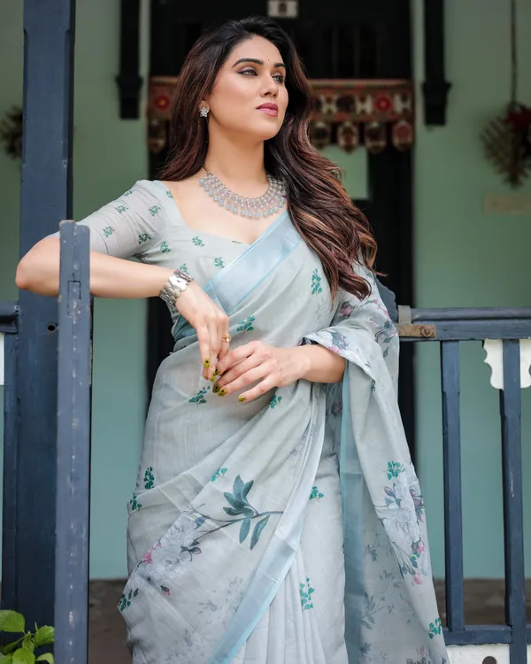 Mint_Whisper_Floral_Linen_Saree_Default_Title