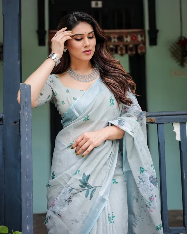 Mint_Whisper_Floral_Linen_Saree_Default_Title