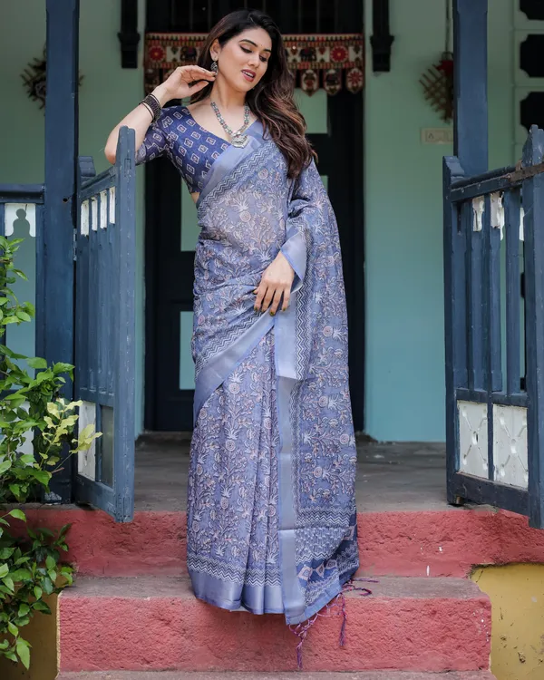 Classic_Blue_Ethnic_Floral_Linen_Saree_With_Artistic_Border_Default_Title