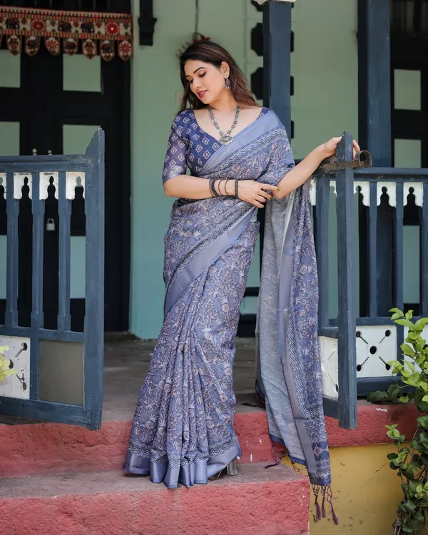 Classic_Blue_Ethnic_Floral_Linen_Saree_With_Artistic_Border_Default_Title
